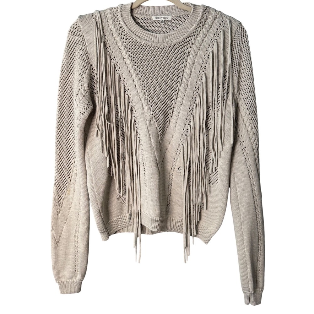 RONNY KOBO fringe knit sweater — small — cream / neutral western boho - Picture 2 of 7